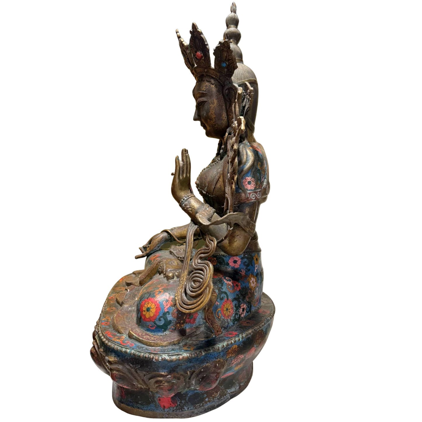 Monumentaal Aziatisch kunstobject Witte Tara verguld brons cloisonne emaille 26kg