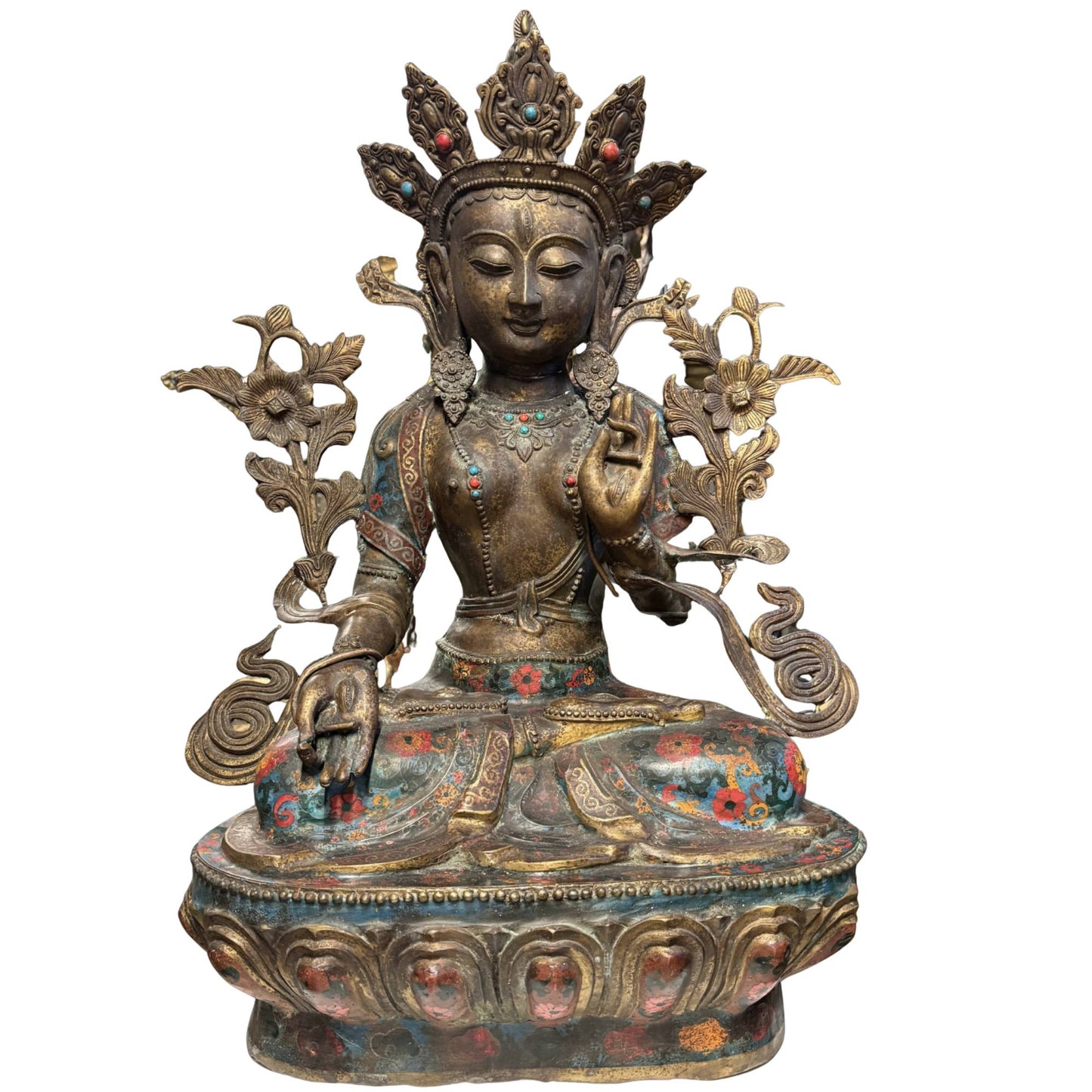 Monumentale Witte Tara Sitatara 80cm 26kg verguld brons cloisonne emaille 19e eeuw Qing dynastie