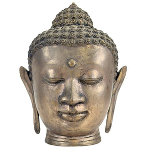 Gepatineerd messing-bronzen Boeddhahoofd in klassieke Thaise Sukhothai-stijllijn.