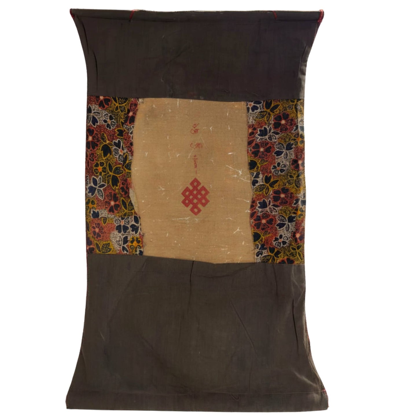 Achterzijde van de vintage thangka met een handgeschilderde rode Eindeloze Knoop en Tibetaanse inwijding