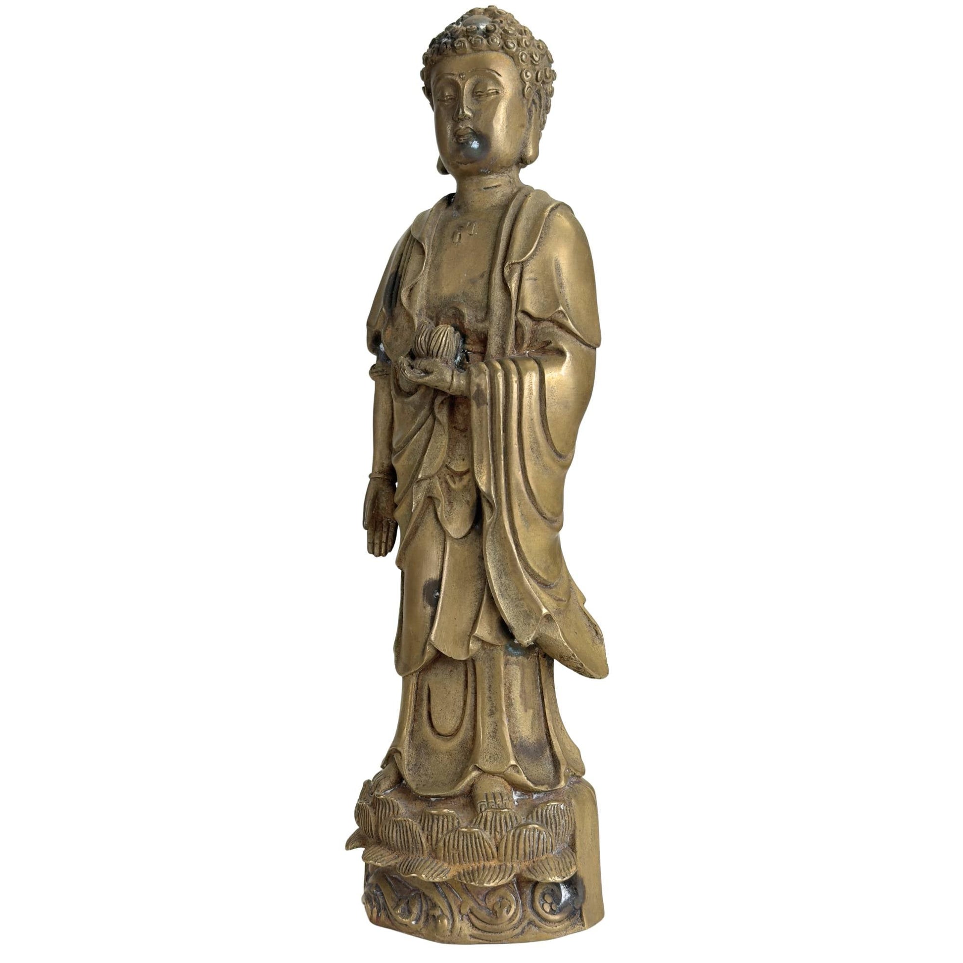 Meditatief bronzen Amitabha Boeddhabeeld met lotusknop, geschikt voor altaar of serene interieurplek