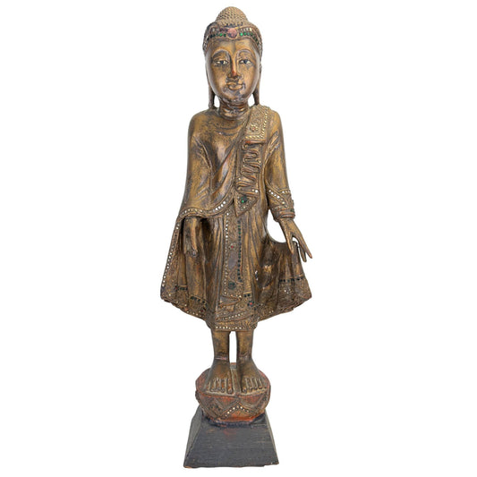 Vooraanzicht van het 19e-eeuwse Birmaanse Boeddhabeeld in Mandalay-stijl met authentieke bladgoud-patina.