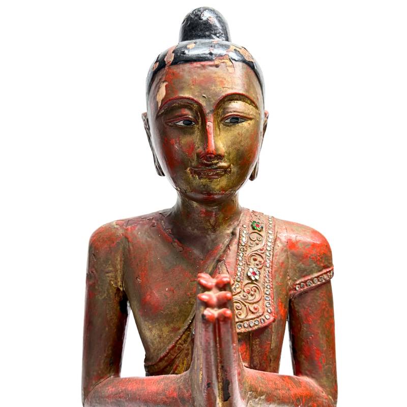 Antieke Birmaanse houten monnik sculptuur
