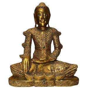Antiek Birmaans Mandalay Boeddhabeeld – Verguld Hout met Glasdecoratie – Myanmar ca. 1880–1920