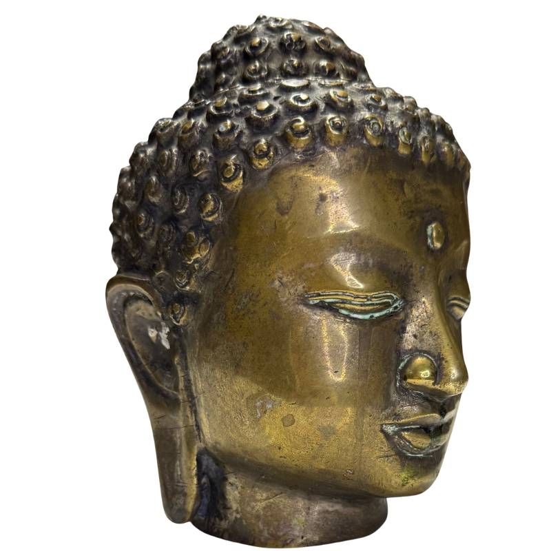 antiek bronzen boeddha hoofd met vuurvergulding uit birma myanmar