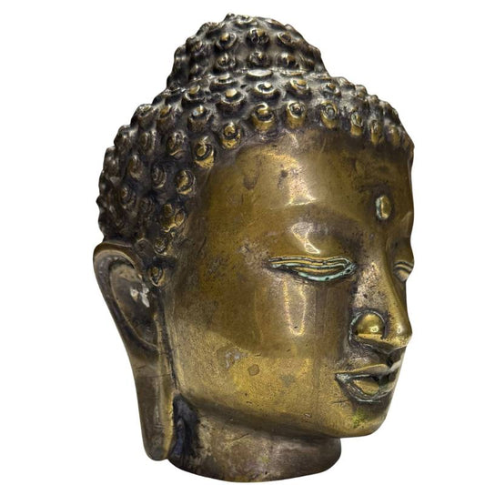 antiek bronzen boeddha hoofd met vuurvergulding uit birma myanmar