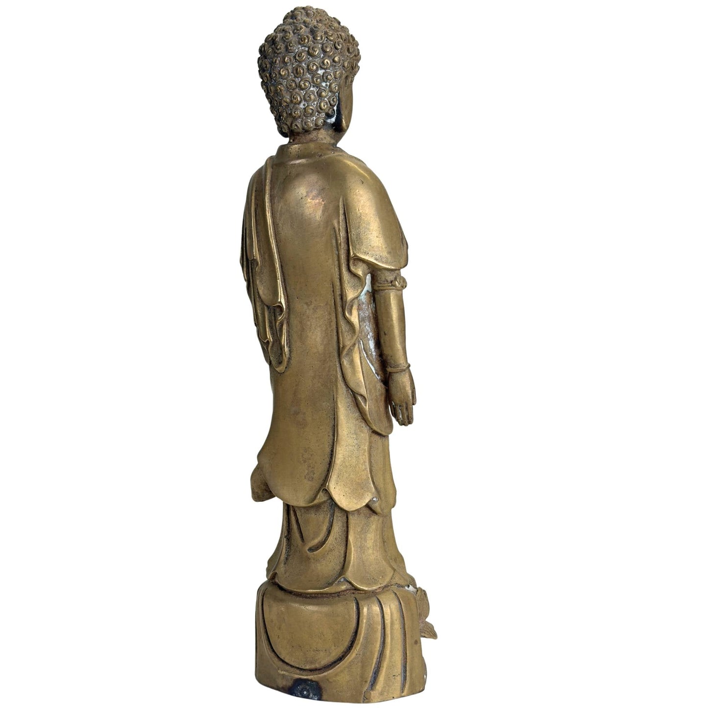 Antiek bronzen Boeddhabeeld met goudbruine patina en Qing stijlkenmerken