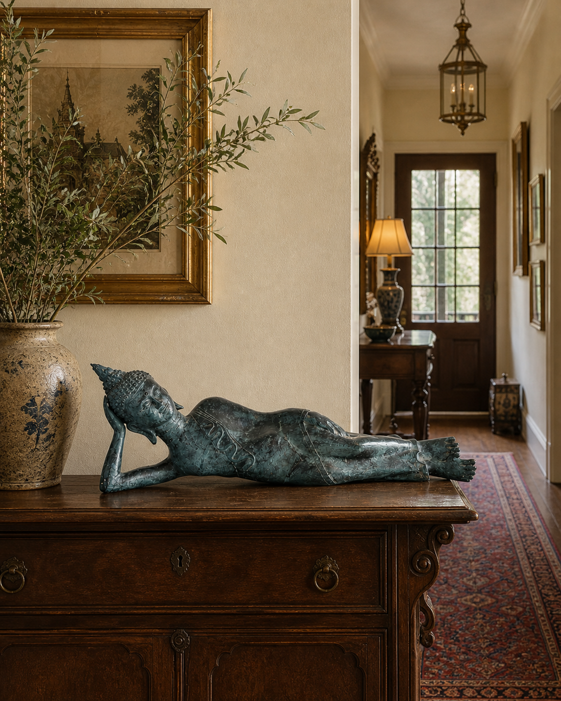 Oppervlakdetail van antiek bronzen Boeddhabeeld met natuurlijke patina en slijtage