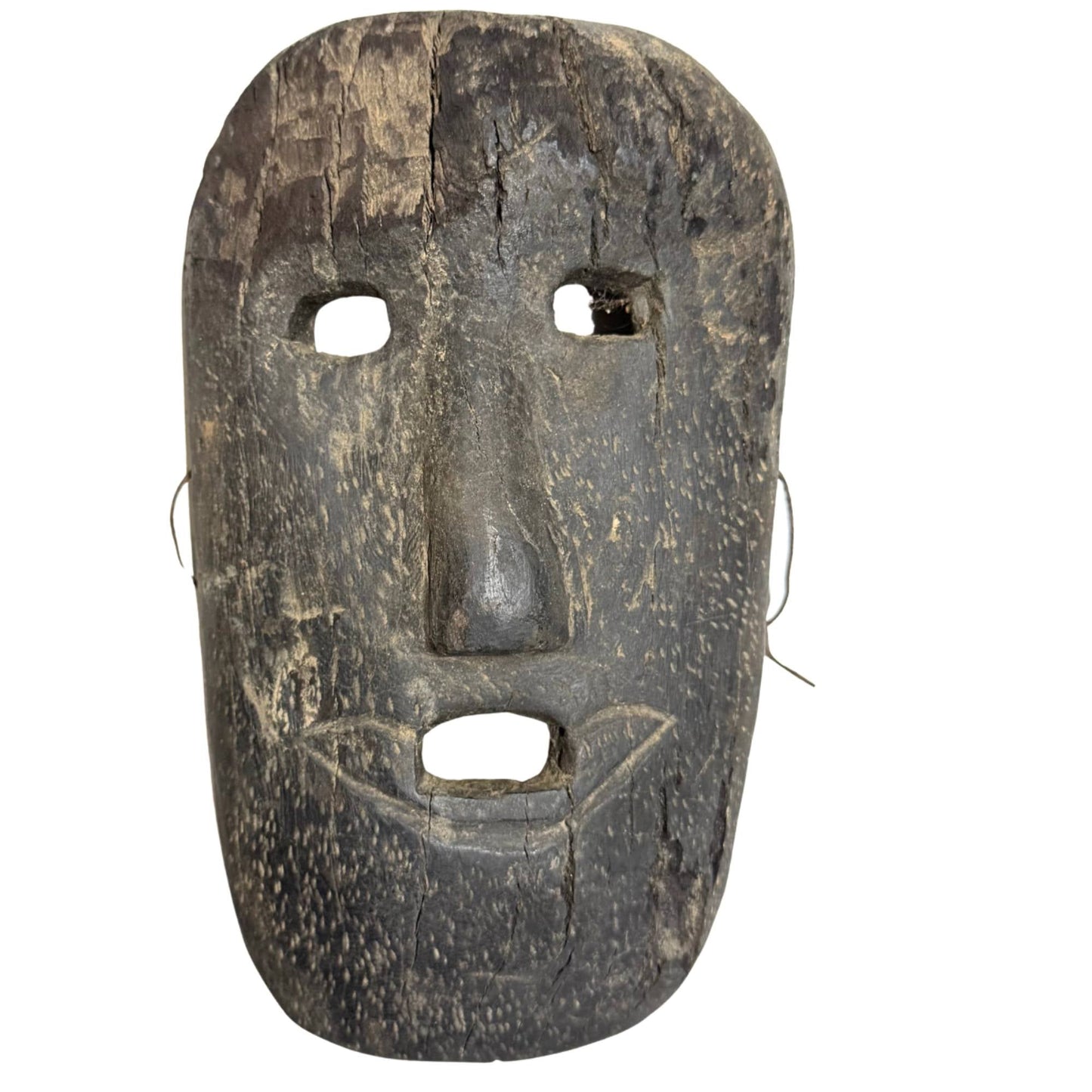 Antiek breed houten Himalaya sjamanenmasker, handgesneden ritueel masker van 26 cm met diepe donkere patina
