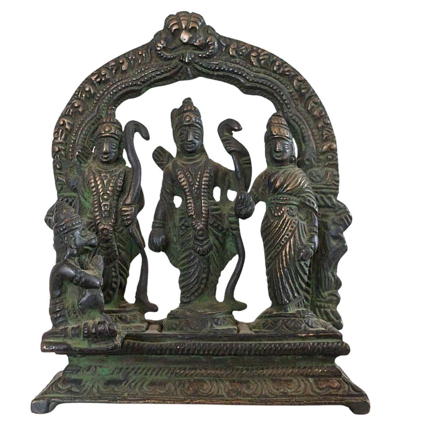 Antiek bronzen Ram Darbar altaar met Rama Sita Lakshmana en Hanuman uit India