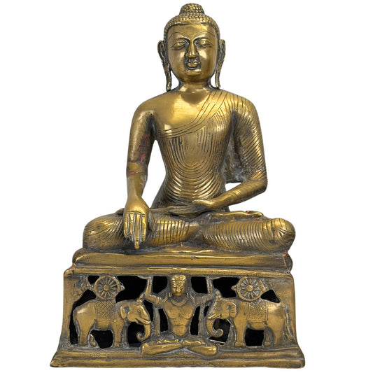 Antiek bronzen Boeddha beeld in bhumisparsha mudra op een unieke opengewerkte olifantensokkel