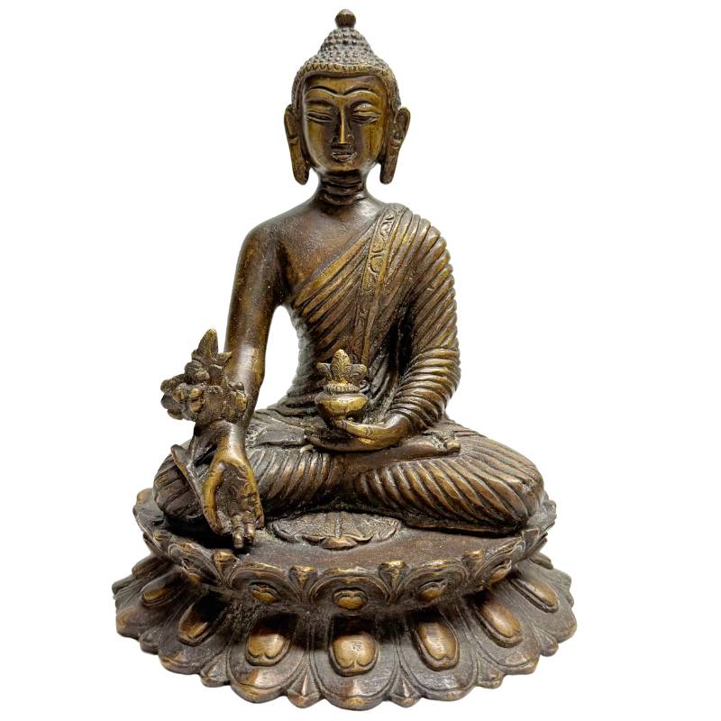 Antiek bronzen Boeddhabeeld zittend op lotus troon
