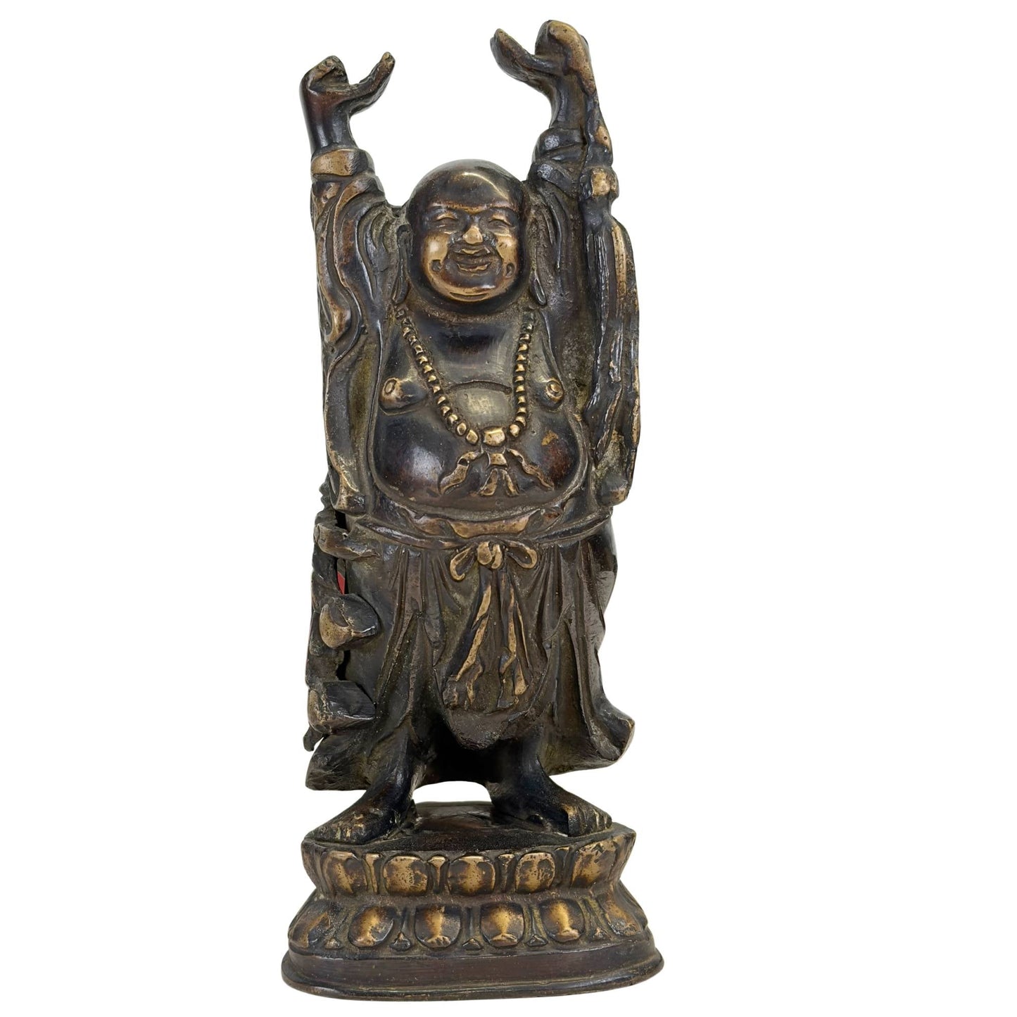 Antiek bronzen Budai Boeddha beeld uit de late Qing-dynastie in staande welvaartshouding