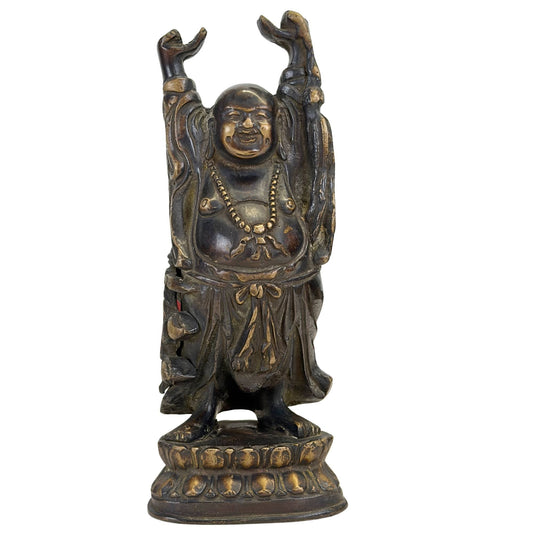 Antiek bronzen Budai Boeddha beeld uit de late Qing-dynastie in staande welvaartshouding