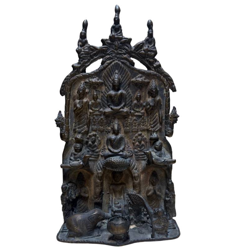 Antiek bronzen Mucalinda Boeddha reliëf als symbool voor bescherming en spirituele beschutting