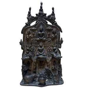 Antiek Bronzen Mucalinda Boeddha Tempelreliëf – India/Nepal Himalaya Stijl – ca. 1880–1920 – Symbool voor Bescherming en Spirituele Beschutting