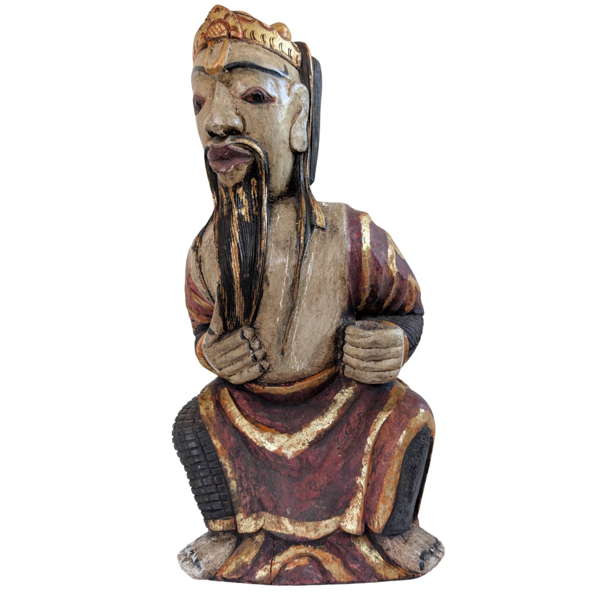 Vooraanzicht van een 19e-eeuws Chinees tempelbeeld van de god Lu brenger van fortuin.