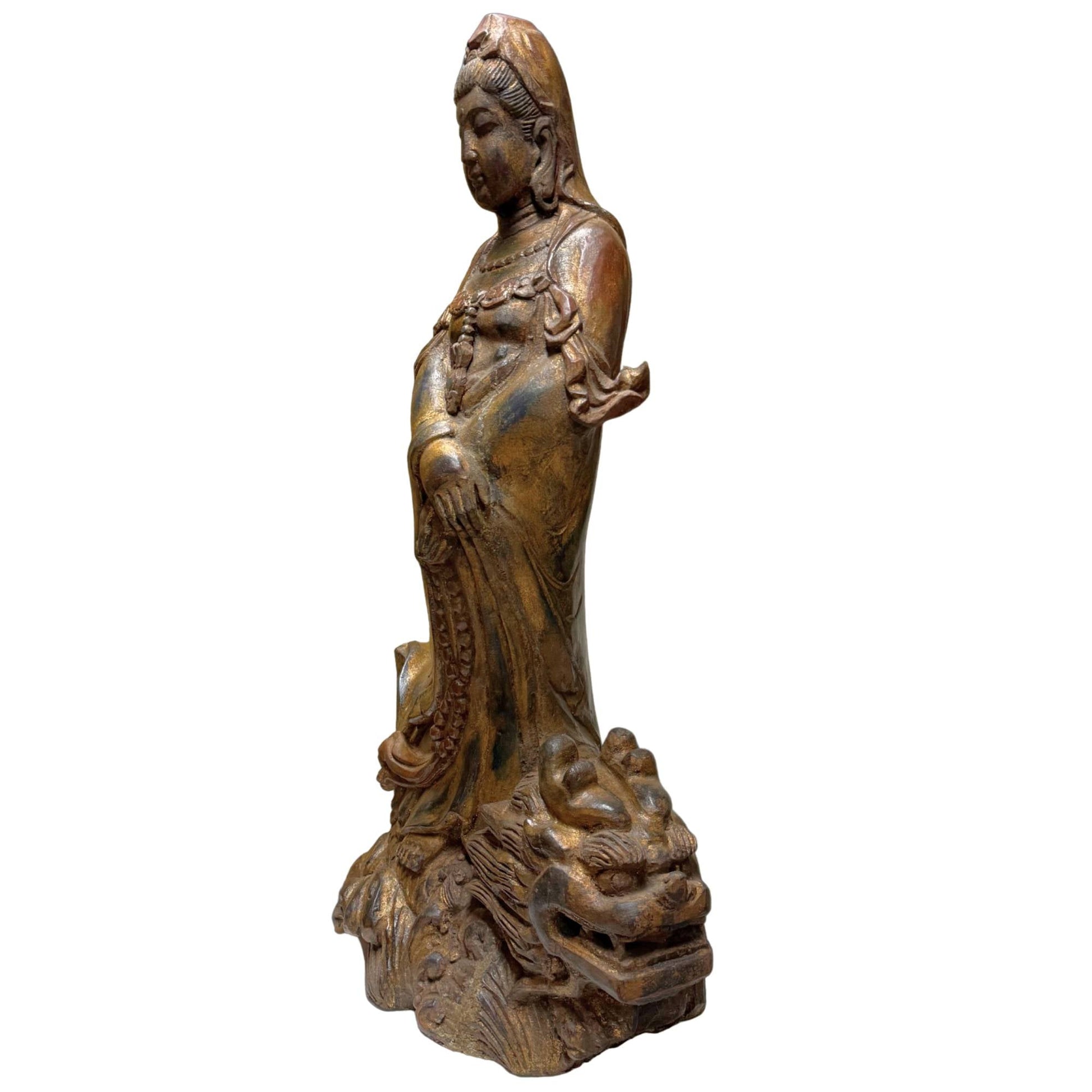 Antiek Chinees houtsnijwerk Bodhisattva Kwanyin draak audit