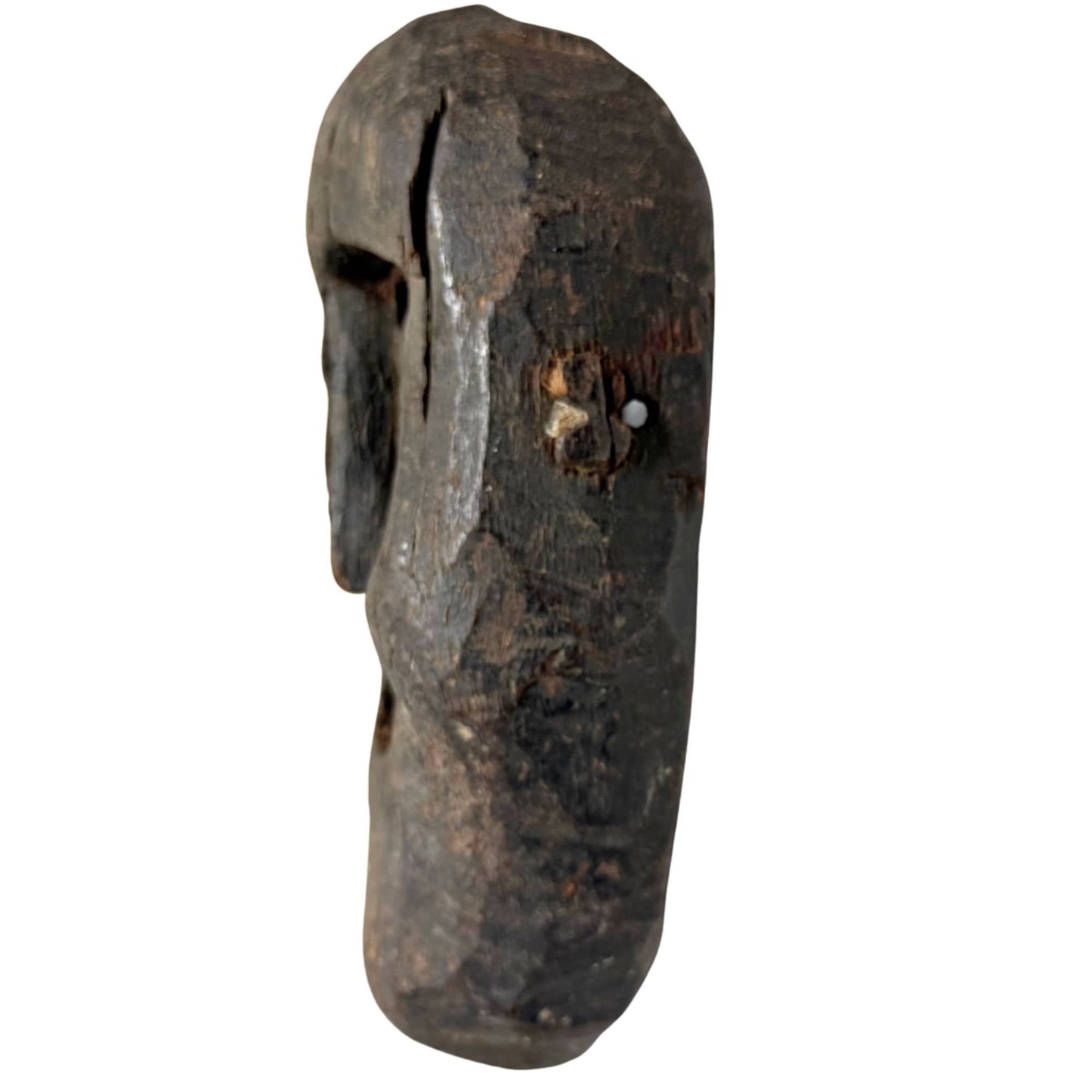 Antiek Himalaya masker met originele bevestigingsgaten, donker houten sjamanenmasker met oude gebruikssporen