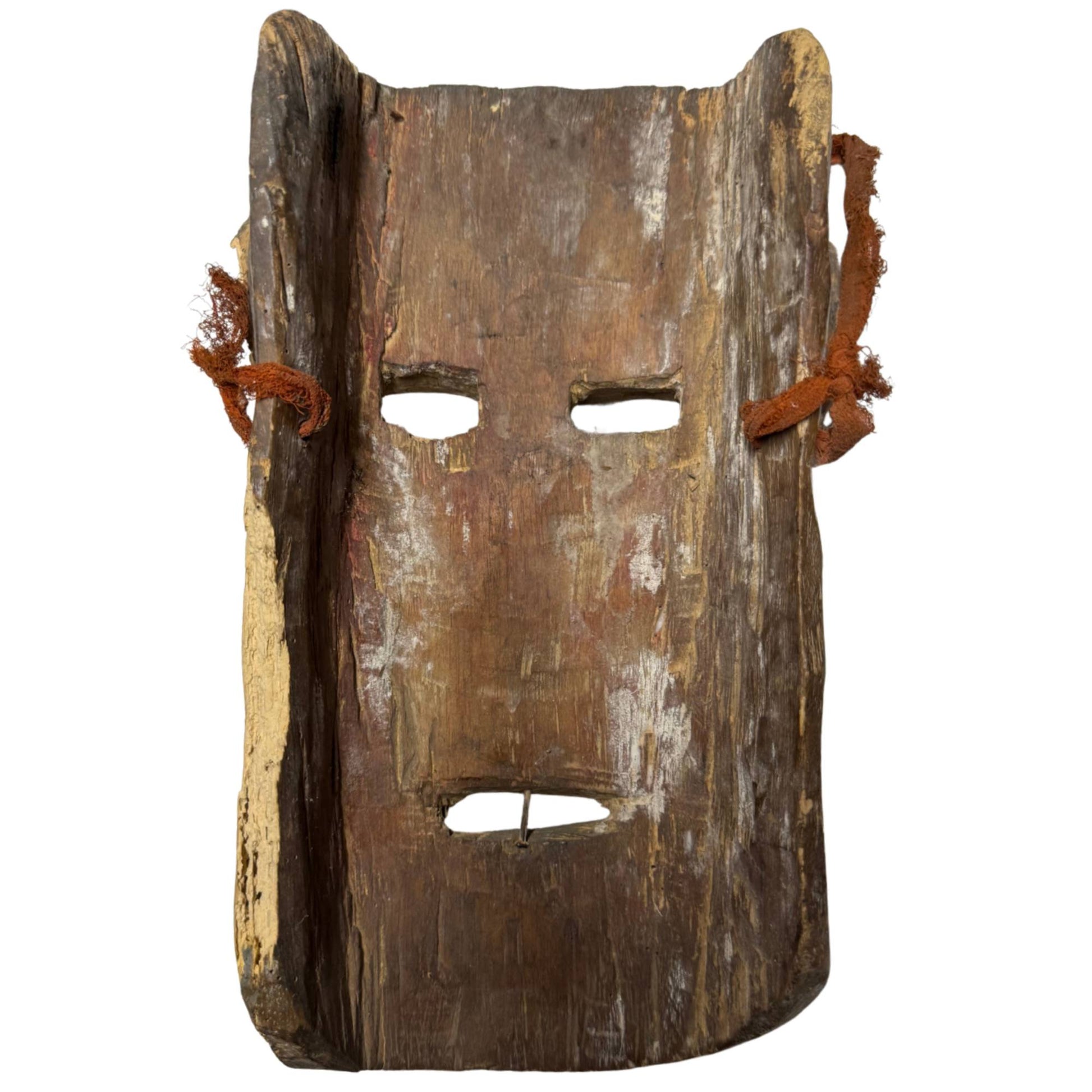 Antiek Himalaya masker met originele handbeschilderde zwarte baardlijn, oud houten ritueel masker met diepe patina