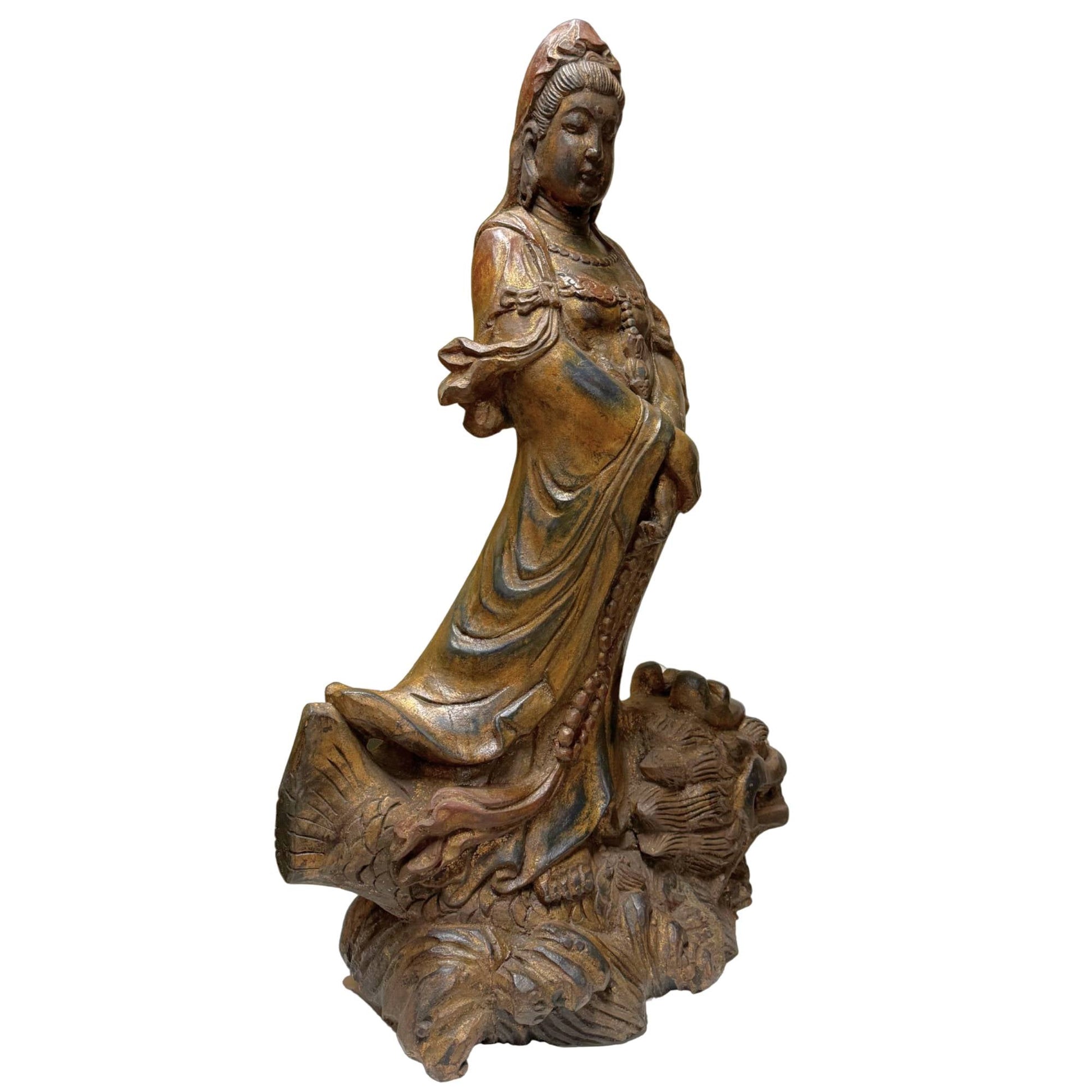 Antiek houten Kwanyin beeld op draak Qing dynastie China