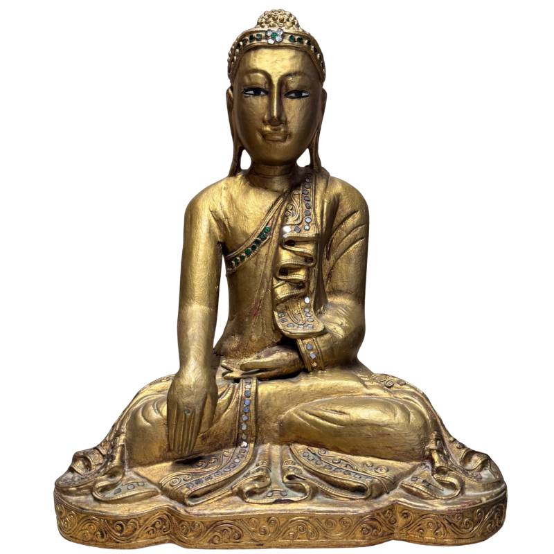 Antiek houten Mandalay Boeddha beeld Burma verguld