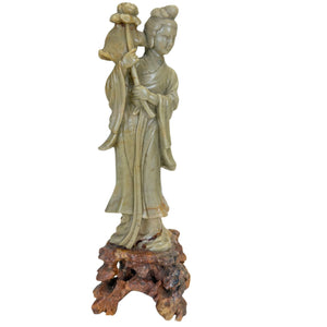Vintage Chinees Speksteen Beeld – Hemelse Dame met Lotus (He Xiangu)