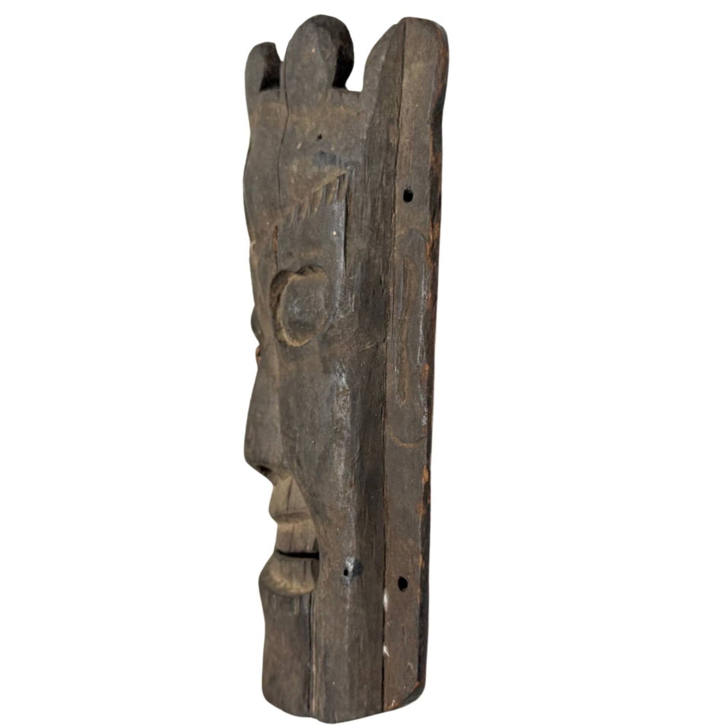Antiek Nepalees masker als krachtig interieur object, houten Himalaya kunst met donkere patina