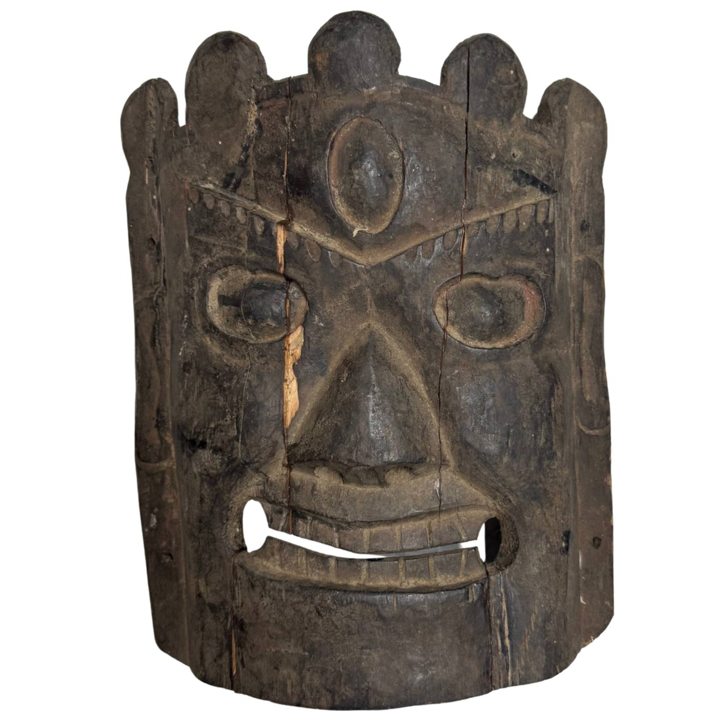 Antiek Nepalees houten masker, ritueel Himalaya masker met oude donkere patina en krachtige expressie