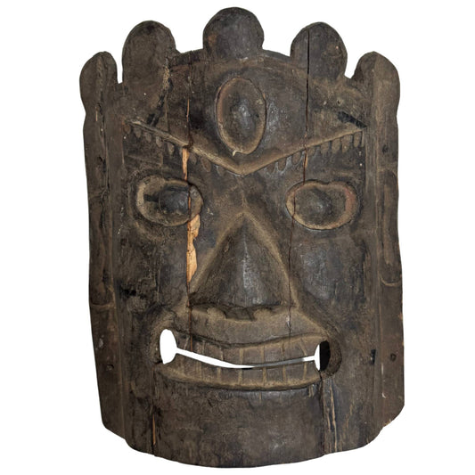 Antiek Nepalees houten masker, ritueel Himalaya masker met oude donkere patina en krachtige expressie