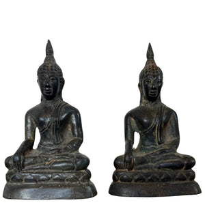 Antiek Paar Thaise Bronzen Boeddha's – Rattanakosin Stijl – ca. 1900 – Inclusief Gietkern