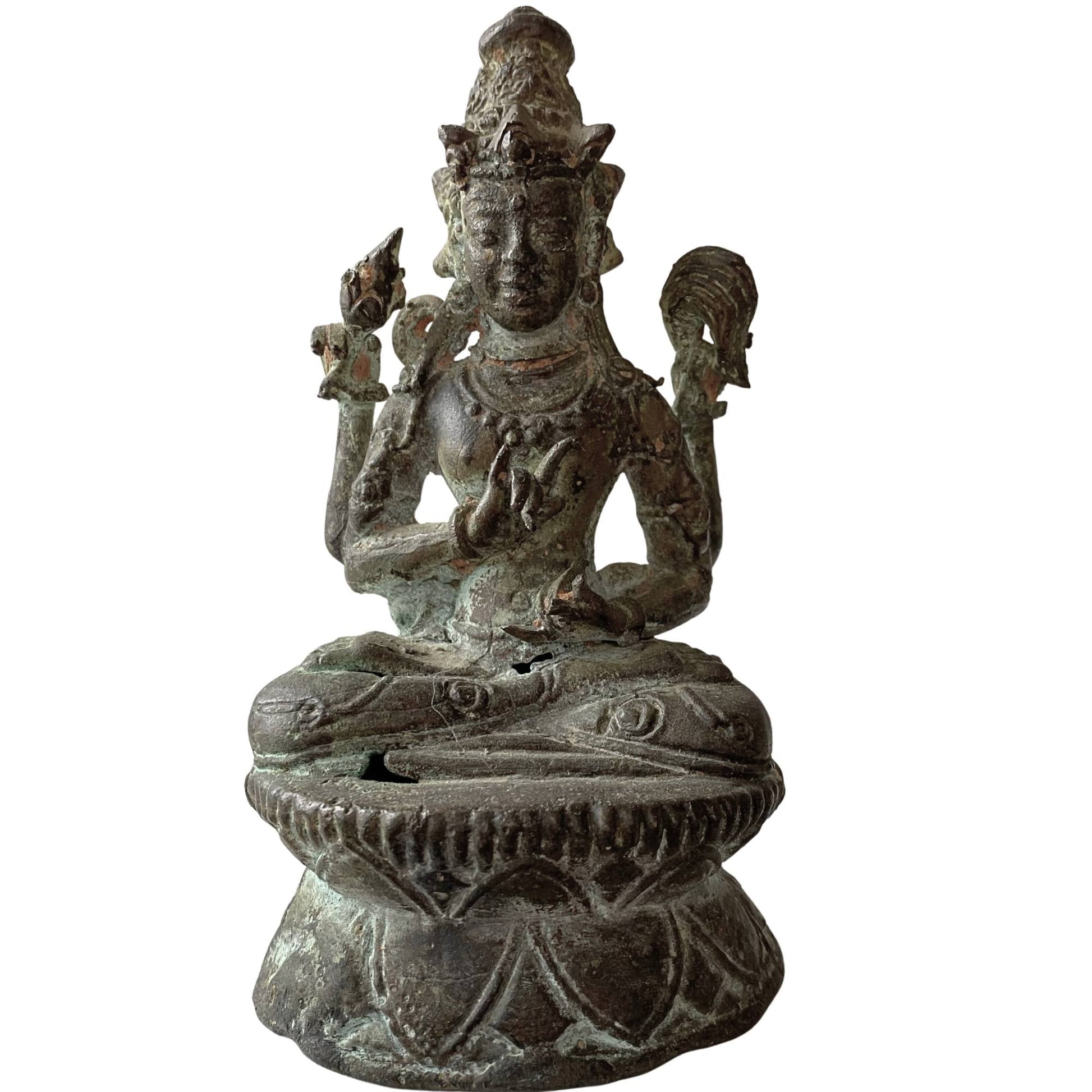 Antiek Tibetaans bronzen Avalokiteshvara beeld met vier armen en Anjali Mudra handgebaar