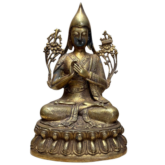 Antiek Tibetaans bronzen beeld van Tsongkhapa, 28 cm hoog.