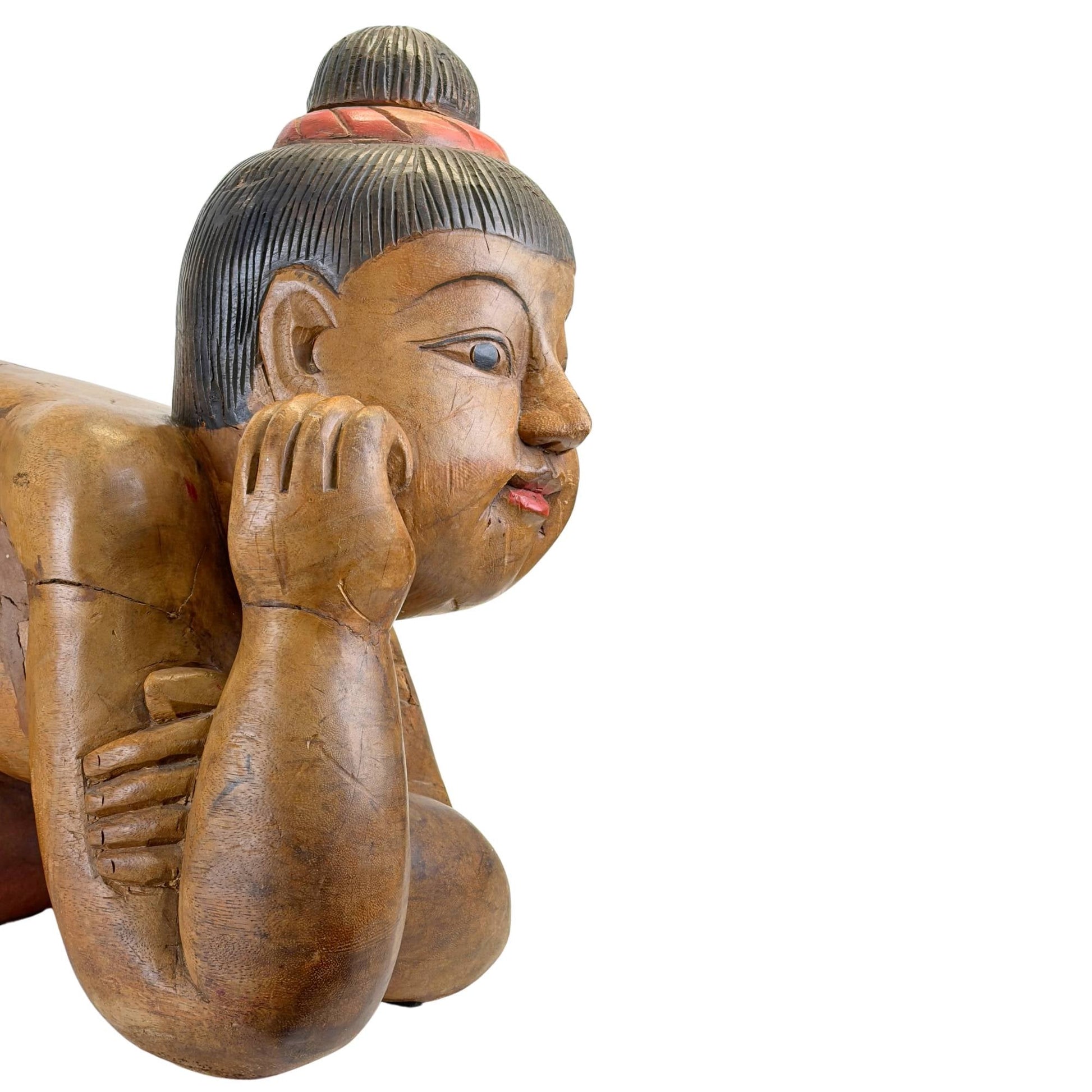 Close-up van het gezicht van een antiek Chinees Tongzi gelukskind.