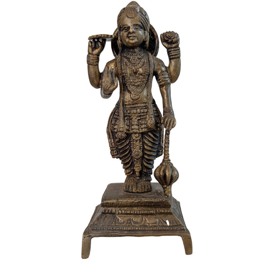 Antiek Zuid-Indiaas bronzen beeld van Lord Vishnu met Sudarshana Chakra en Shanka voorzijde