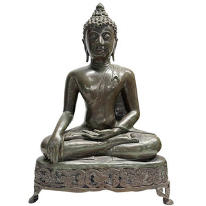 Monumentale 19e-Eeuwse Bronsgegoten Boeddha Shakyamuni op Opengewerkte Altaartroon – Lan Na / Tibetaanse Stijl (52 cm)