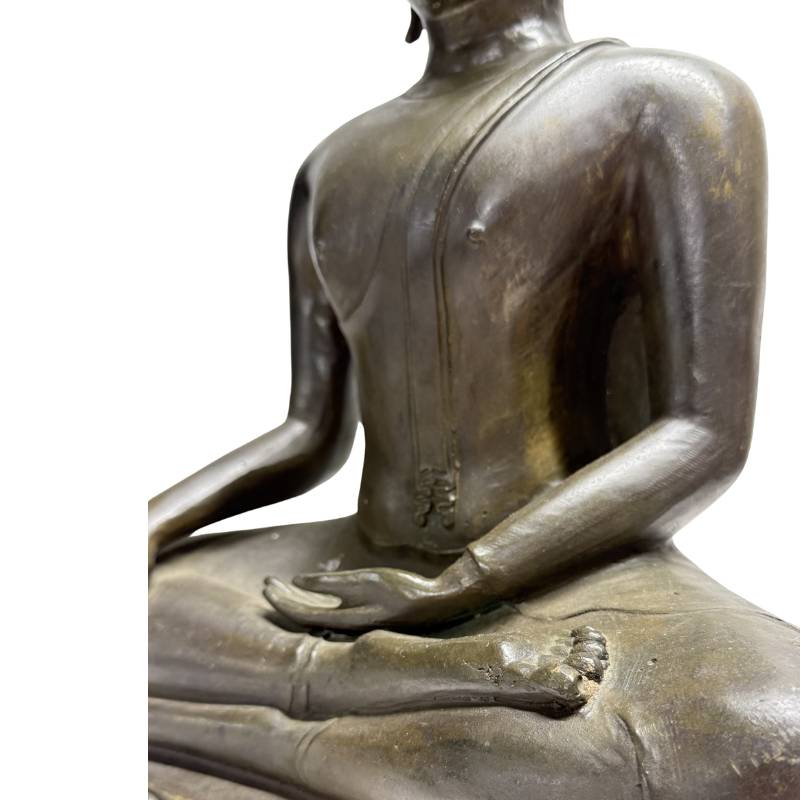 Close-up van de torso en het gezicht met de prominente vlammende Ketumala, de brede schouders en het verfijnde aquilijne neusprofiel.