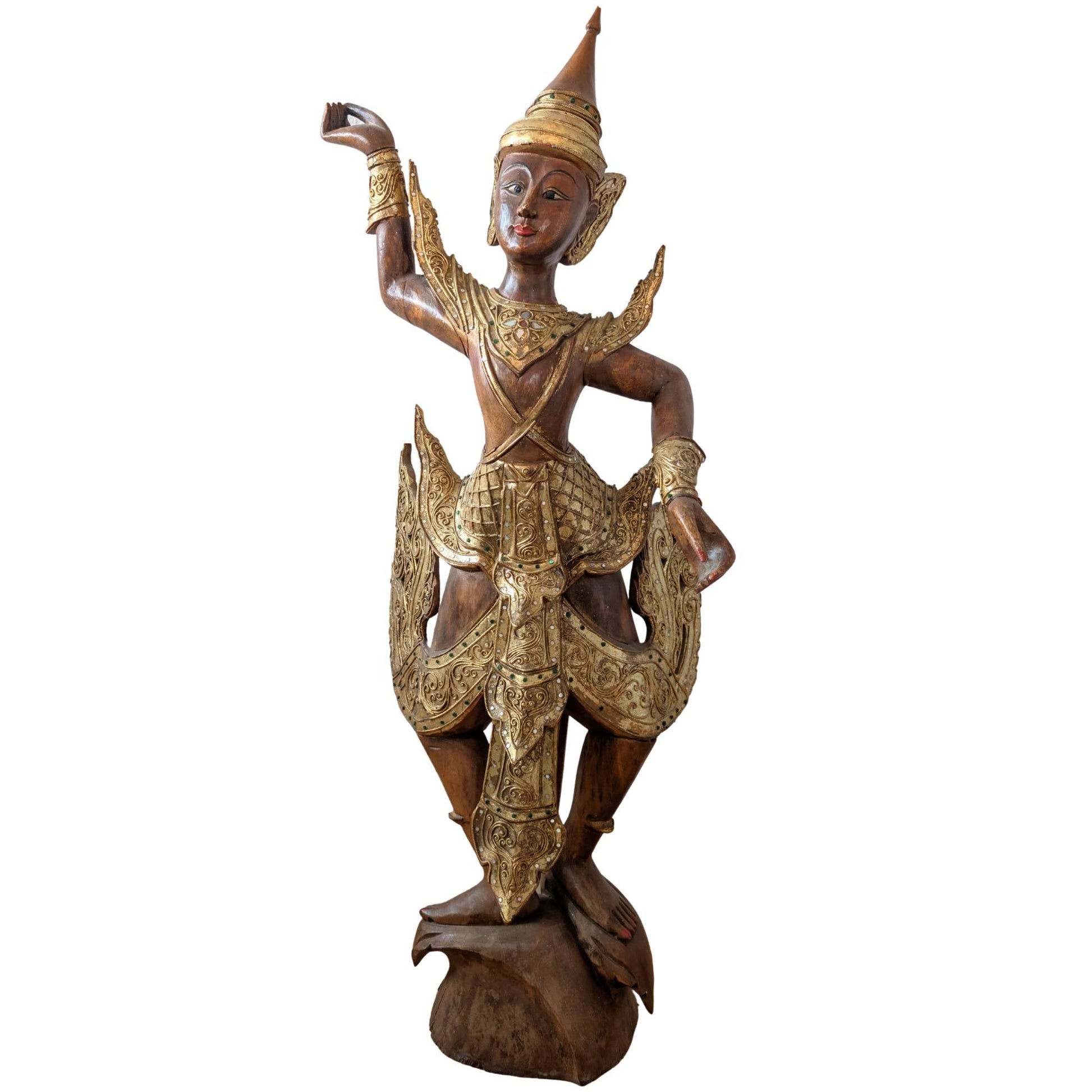 Grote handgesneden Birmese Kinnara sculptuur van 112 cm hoog.