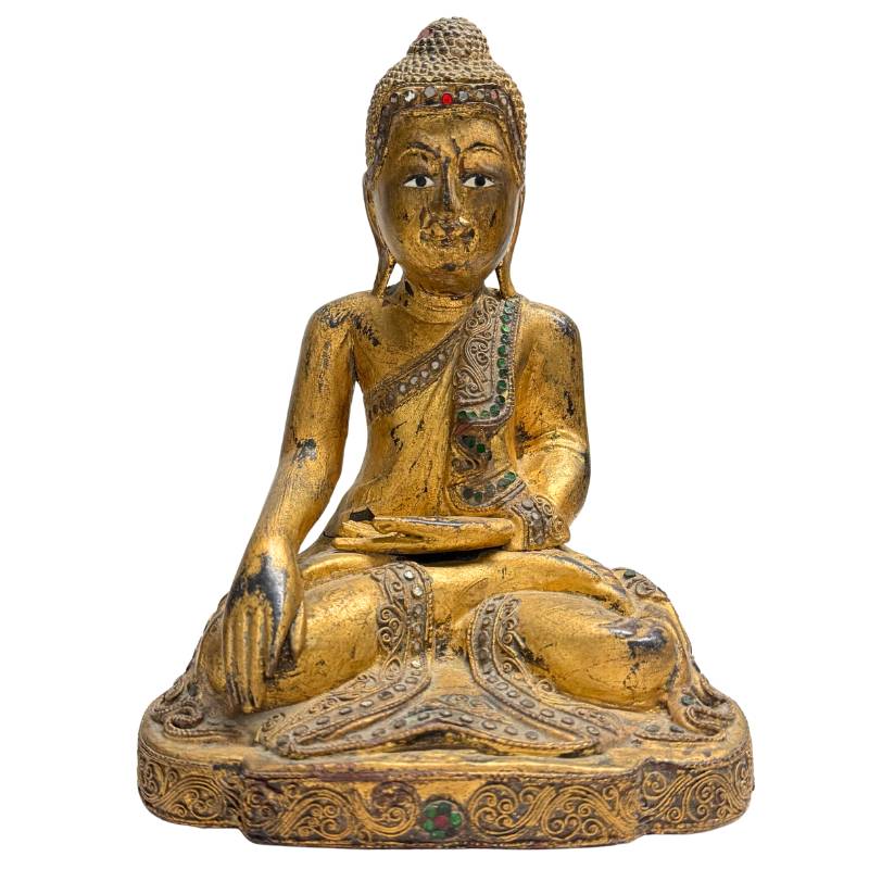 Exclusieve antieke Birmese teakhouten Mandalay Boeddha in Bhumisparsha mudra, hoogwaardige sacrale kunst en Aziatische antiquiteiten voor een luxe interieur.