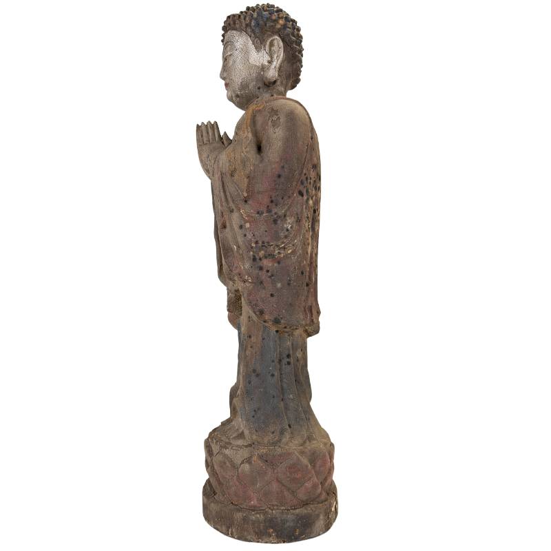 Antieke Boeddha hout met polychromie en craquelé oppervlak