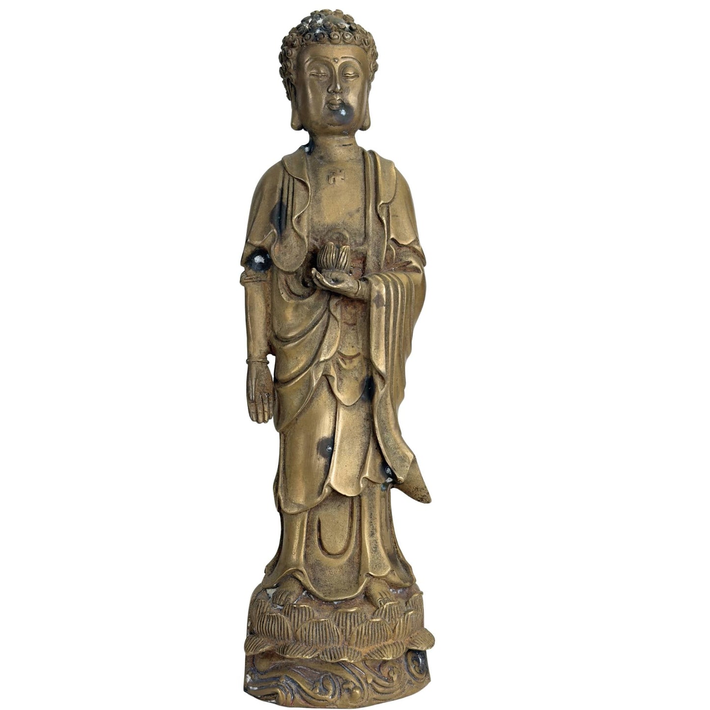 Antieke bronzen Amitabha Boeddha met lotusknop en Qing merkteken, Chinees boeddhistisch beeld met goudbruine patina