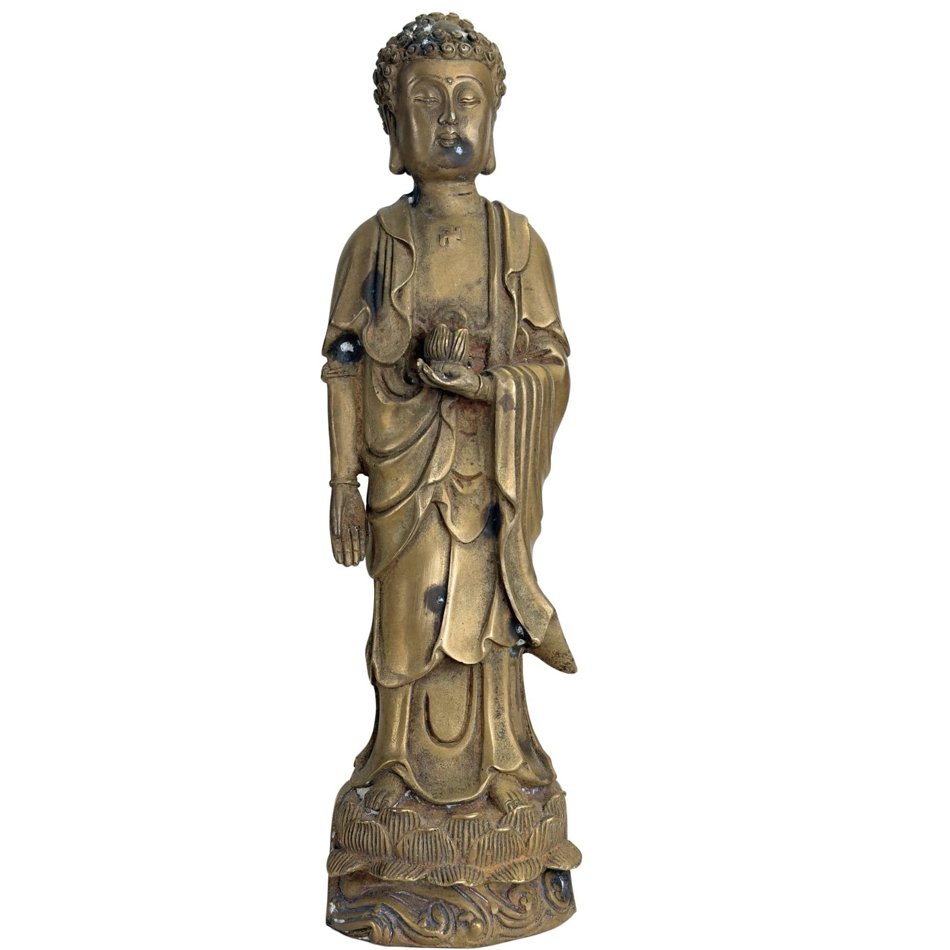 Antieke bronzen Amitabha Boeddha met lotusknop en Qing merkteken, Chinees boeddhistisch beeld met goudbruine patina
