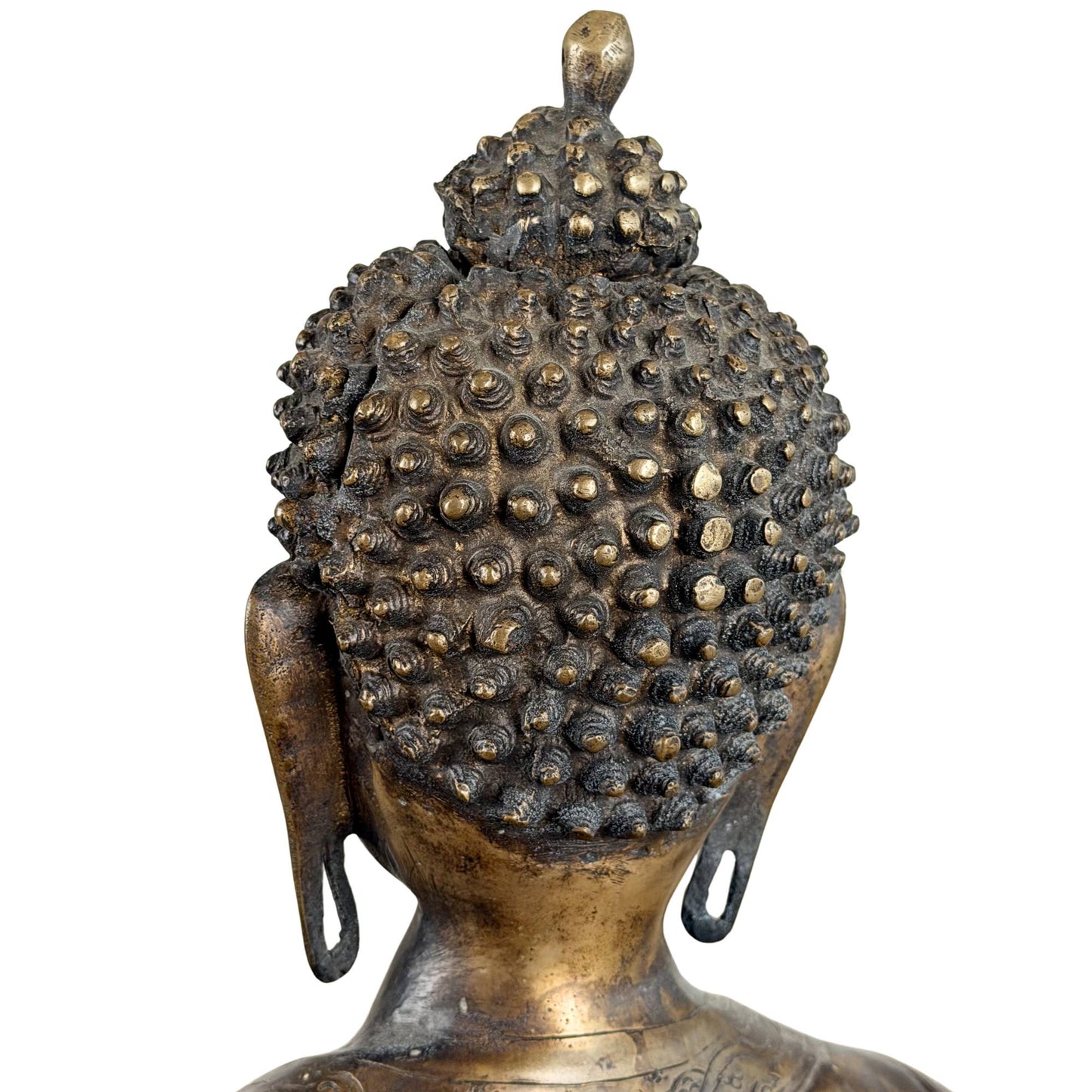 Antieke bronzen Boeddha voor spiritueel interieur, meditatieruimte of altaar met oude vuurvergulding en rustige uitstraling