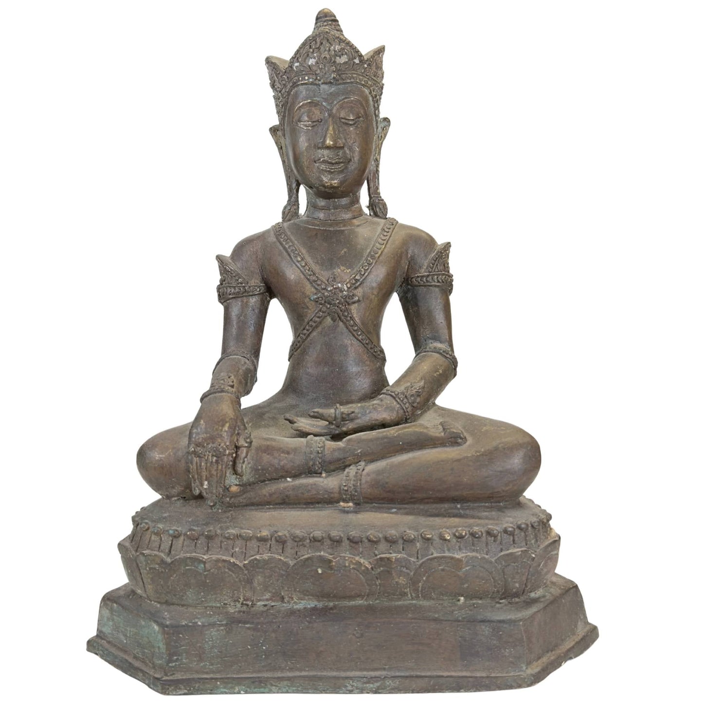 Antieke bronzen gekroonde Boeddha uit Thailand met dubbele lotusbasis
