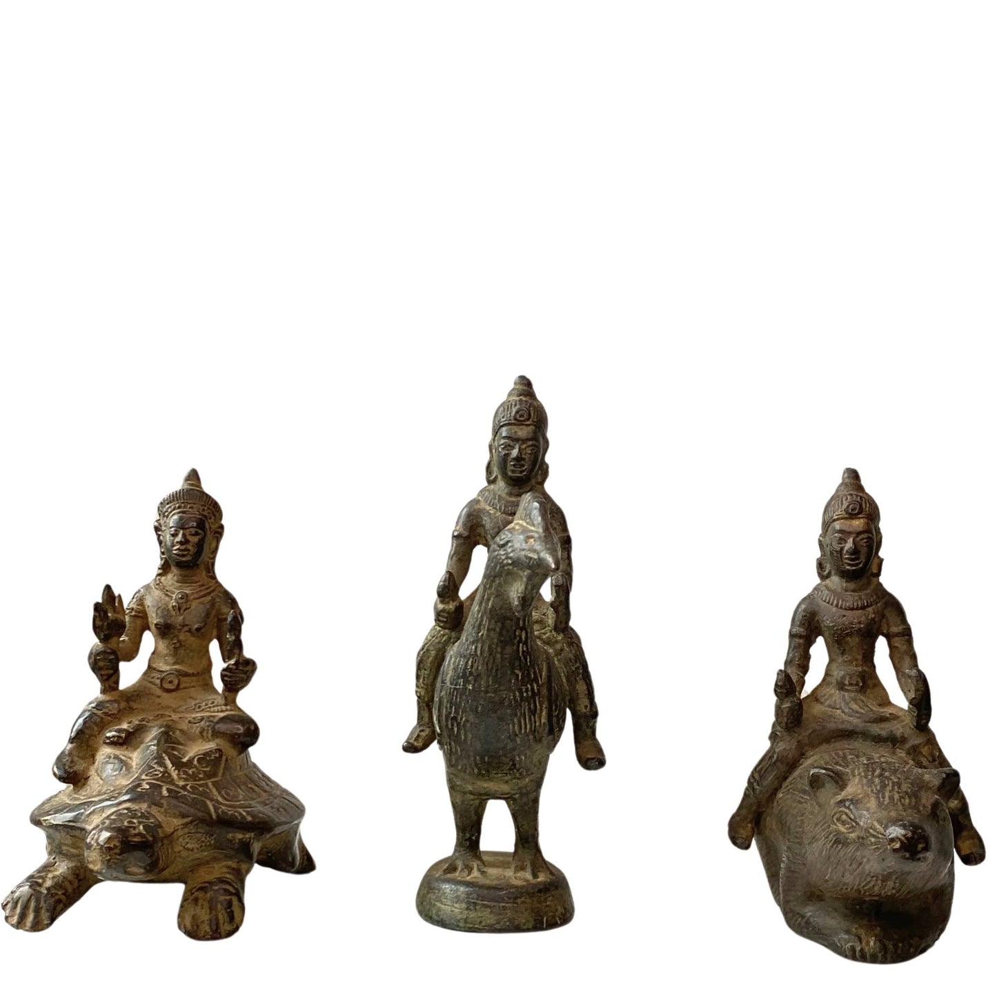 Set van antieke hindoegoden Vishnu Murugan en Ganesha in brons