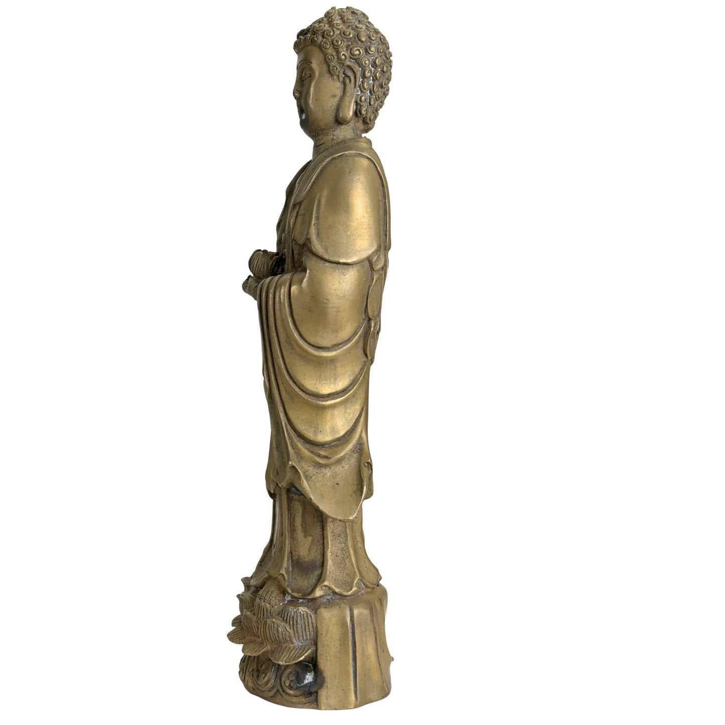 Antieke Chinese bronzen Boeddha met uitgewerkte haarkrullen, urna en zachte goudbruine patina