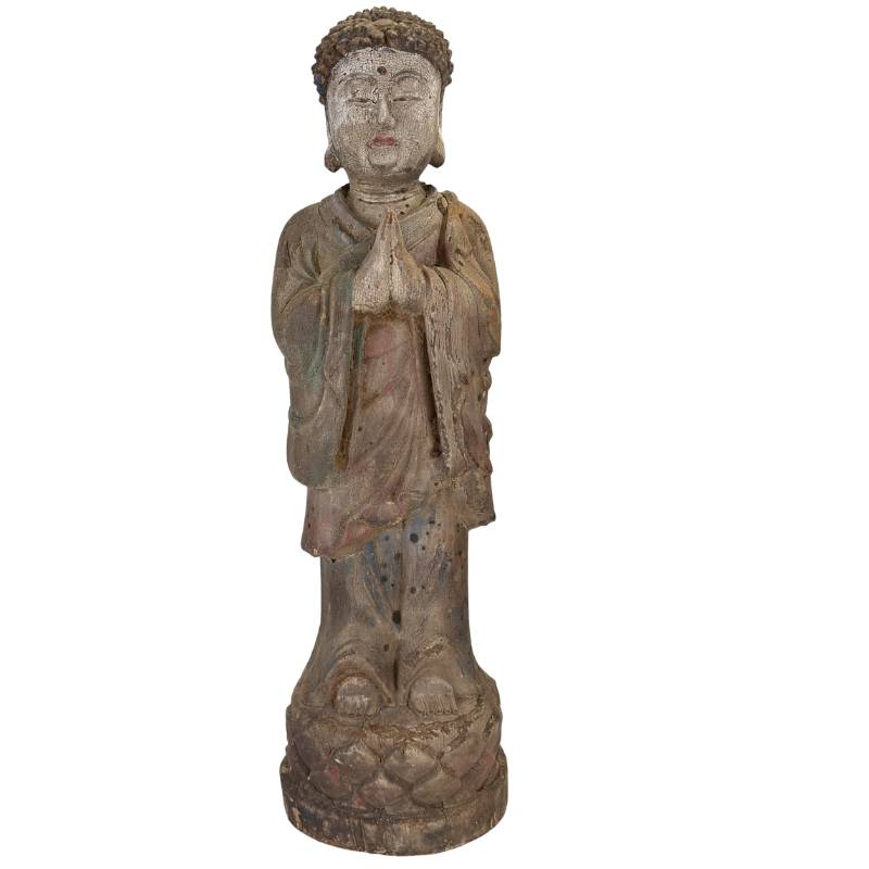 Antiek Chinees houten Boeddhabeeld in Anjali mudra uit de Qing-periode