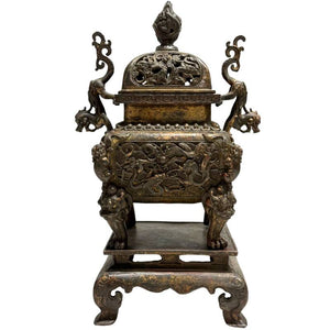Antieke Chinese Bronzen Fangding Wierookbrander met Sokkel – 3-Delige Set – Late Qing-Dynastie (29,5 cm)