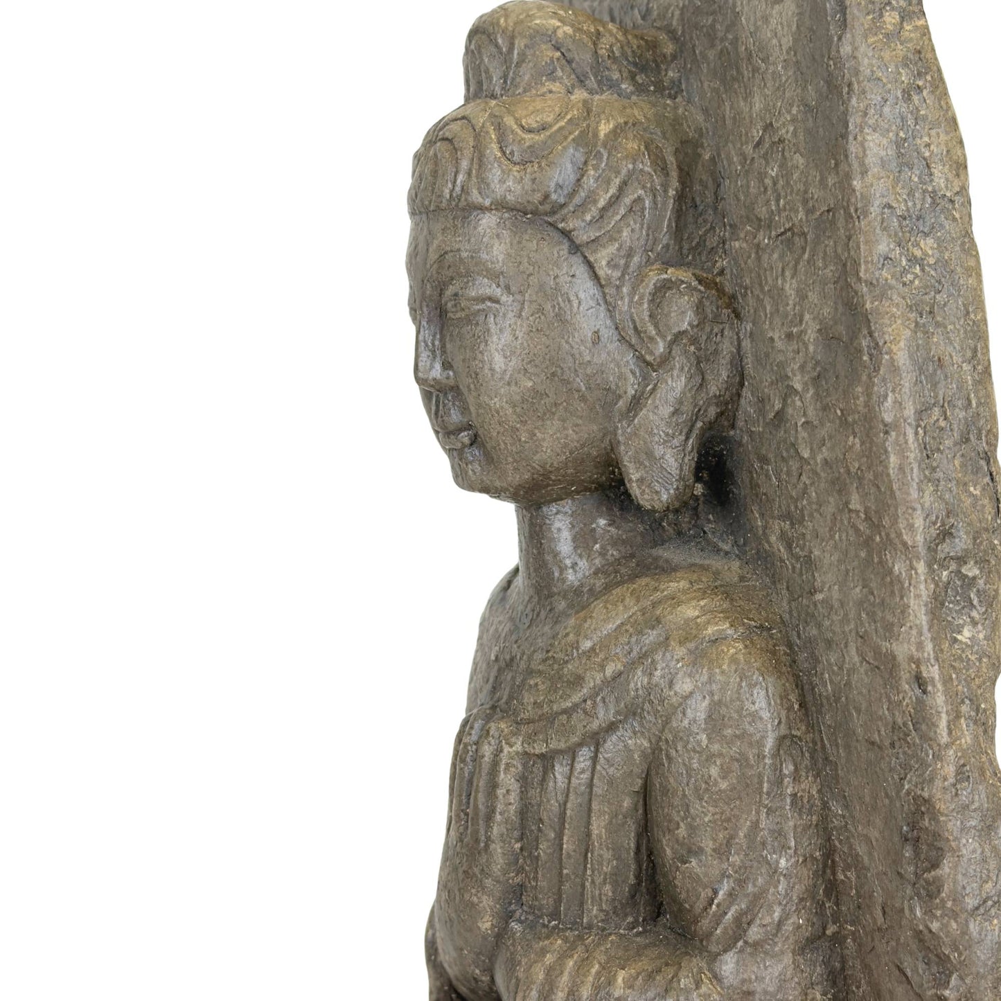 Detail van het archaïsche gezicht van de Chinese Guanyin