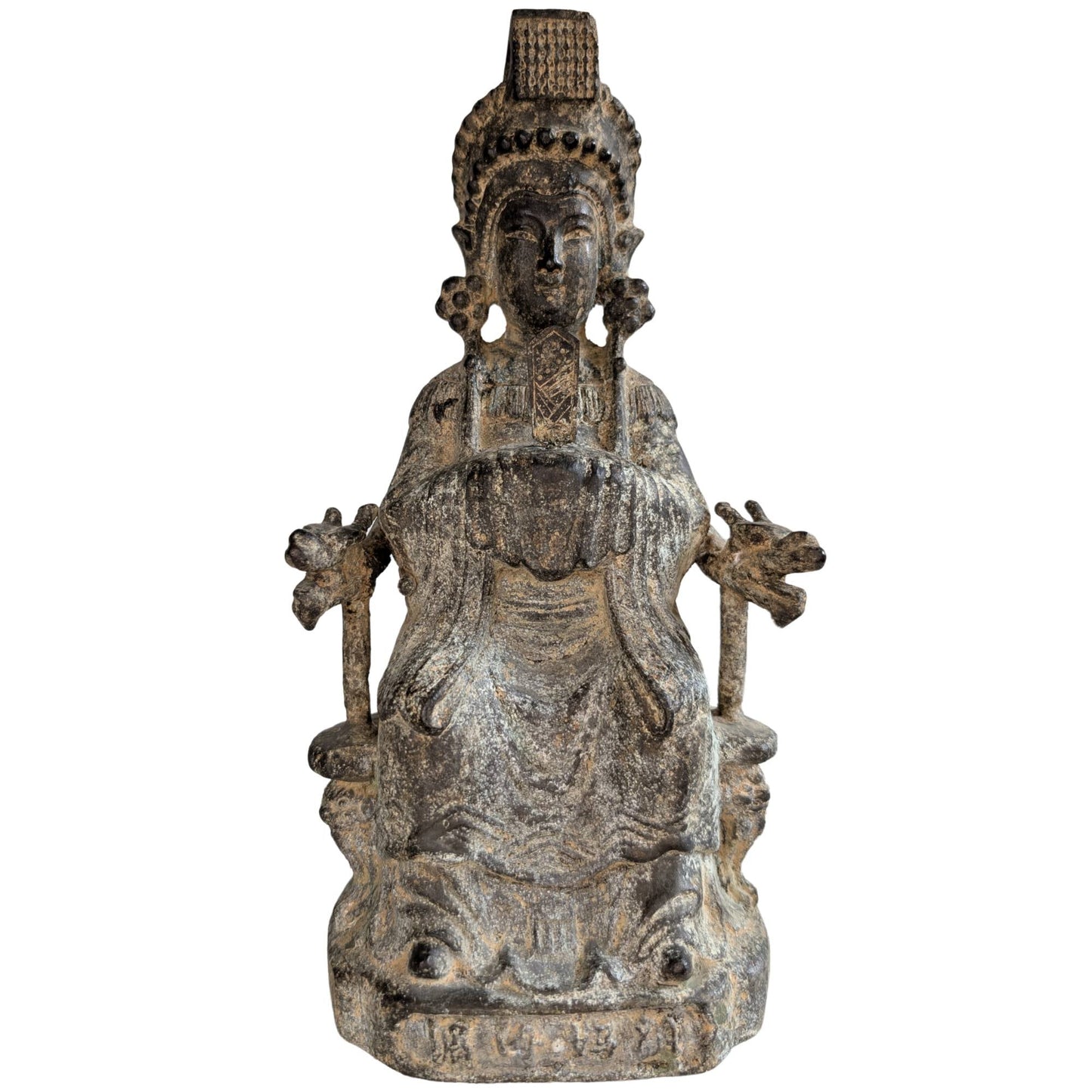 Antieke bronzen Guanyin op drakentroon 25,5cm hoog 1,8kg zwaar Chinees altaarbeeld.